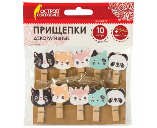 Прищепки декор. "Забавные животные", 10 шт, 3,5см, ассорти, со шпагатом, ОСТРОВ СОКРОВИЩ, 662672 662672