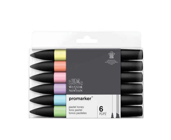 Набор художественных маркеров двухсторонних Winsor&Newton "Pro", пулевидный/скошенный, 2мм/7мм, 06цв., пастельные оттенки 290113