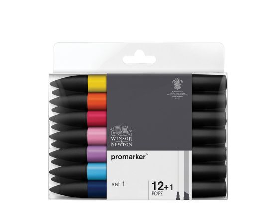 Набор художественных маркеров двухсторонних Winsor&Newton "Pro", пулевидный/скошенный, 2мм/7мм, 12цв.+1 блендер 290137