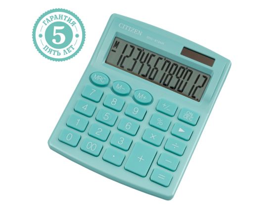 Калькулятор настольный Citizen SDC-812NR-GN, 12 разрядов, двойное питание, 102*124*25мм, бирюзовый SDC-812NR-GN