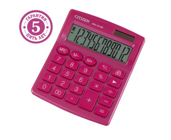Калькулятор настольный Citizen SDC-812NR-PK, 12 разрядов, двойное питание, 102*124*25мм, розовый SDC-812NR-PK