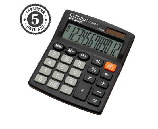 Калькулятор настольный Citizen SDC-812NR, 12 разрядов, двойное питание, 102*124*25мм, черный SDC-812NR