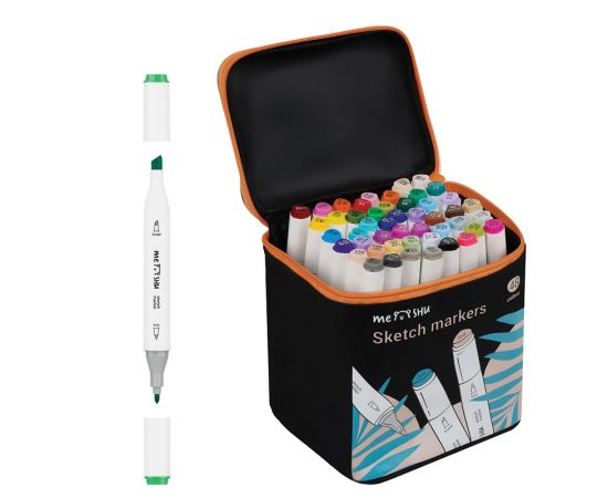 Набор двусторонних маркеров для скетчинга MESHU 48цв., основные цвета, корпус трехгранный, пулевид./клиновид.наконечники, текстильный чехол на молнии MS_53424