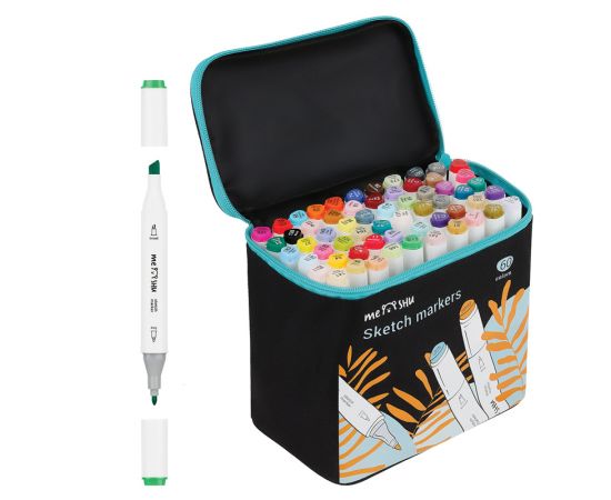 Набор двусторонних маркеров для скетчинга MESHU 60цв., основные цвета, корпус трехгранный, пулевид./клиновид.наконечники, текстильный чехол на молнии MS_53431