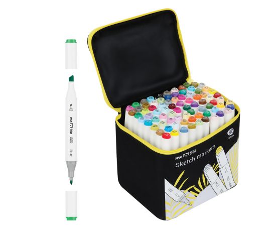 Набор двусторонних маркеров для скетчинга MESHU 80цв., основные цвета, корпус трехгранный, пулевид./клиновид.наконечники, текстильный чехол на молнии MS_53448