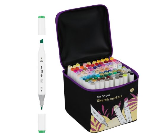 Набор двусторонних маркеров для скетчинга MESHU 100цв., основные цвета, корпус трехгранный, пулевид./клиновид.наконечники, текстильный чехол на молнии MS_53455