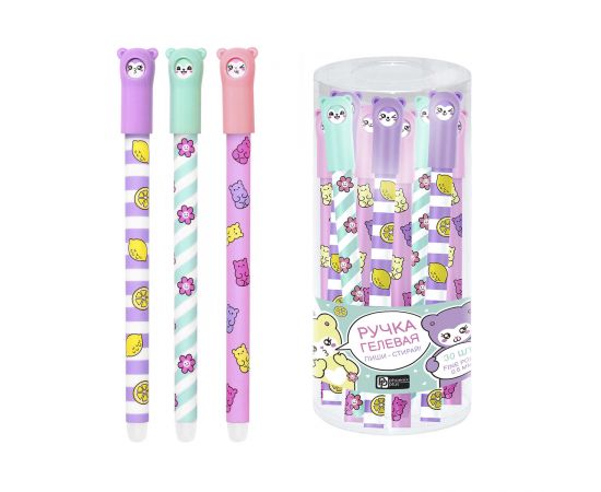 Ручка гелевая ПИШИ-СТИРАЙ арт. 61391 / 30 МИШУТКИ (ПВХ тубус, 30 шт., ассорти, неавтоматическая, 8х150 мм, цвет корпуса: голубой, розовый, сиреневый, материал корпуса: полиметилметакрилат, покрытие корпуса:  софт-тач, 0,5 мм, цвет чернил: синий, стер 61391