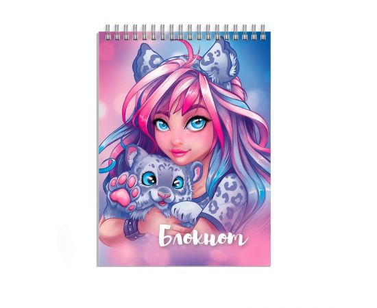 Блокнот, А7, 40 л, арт. 62955 ДЕВУШКА С БАРСОМ / Блок - белый офсет 60 г/м², клетка, гребень по короткой стороне, УФ-лак выборочный с глиттером, 62955