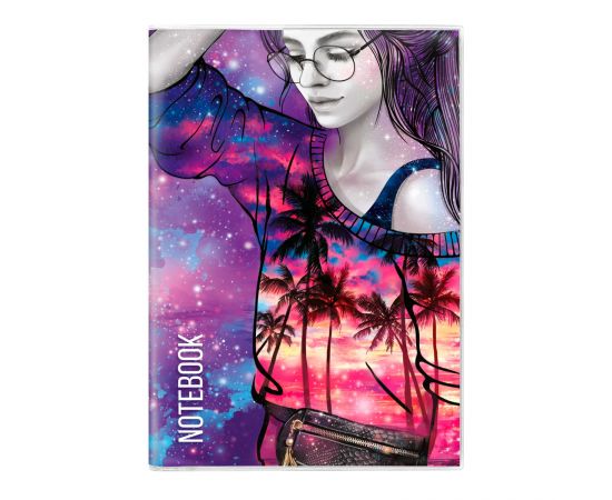 Записная книжка "Notebook", 93*134 мм, 66 л., арт. 64107/ 50 ДЕВОЧКА С ПАЛЬМАМИ (мягкий переплёт, мелованная бумага 115 г/м², мелованный картон 300 г/м², ПВХ, декор: полноцветная печать, ниткошвейный; вн. блок: белый офсет 65 г/м², печать в одну крас 64107
