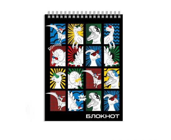 Блокнот, А7, 40 л, арт. 64398 ДИНО-КОМИКС / Блок - белый офсет 65 г/м², клетка, гребень по короткой стороне, УФ-лак сплошной, 64398