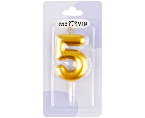 Свеча для торта с держателем MESHU "Цифра 5", 6см, золотая, блистер MS_59297