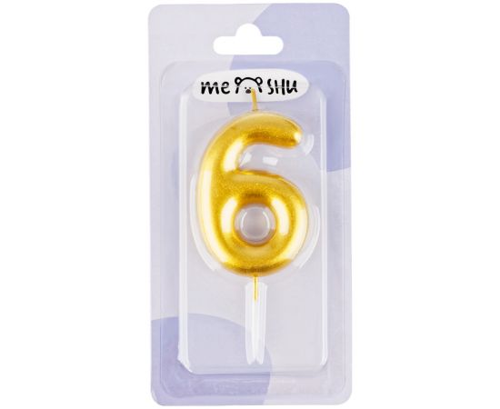Свеча для торта с держателем MESHU "Цифра 6", 6см, золотая, блистер MS_59310