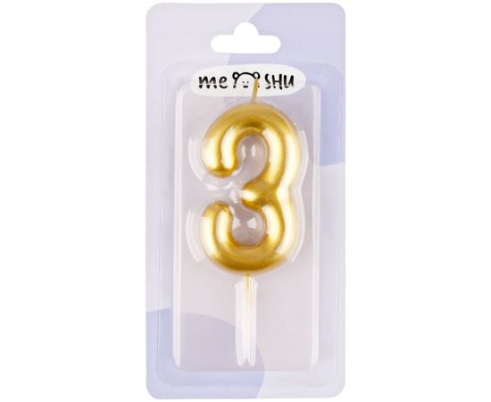 Свеча для торта с держателем MESHU "Цифра 3", 6см, золотая, блистер MS_59938