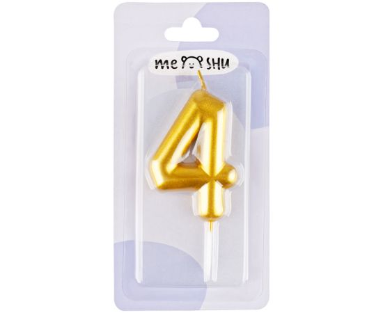 Свеча для торта с держателем MESHU "Цифра 4", 6см, золотая, блистер MS_59952