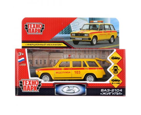 Машина металл ваз-2104 жигули медслужба 12см, инерц., желтый в кор 300025 300025