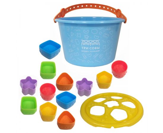 Набор для песка ТРИ СОВЫ сортер-ведро "Забавные мордашки", 14 предметов (ведро, крышка, 12 формочек) ИНС 004