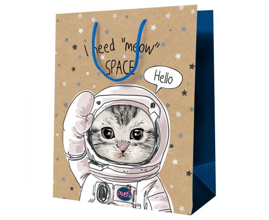 Пакет подарочный 11*14*6,5см MESHU "Космический кот", крафт MS_52223
