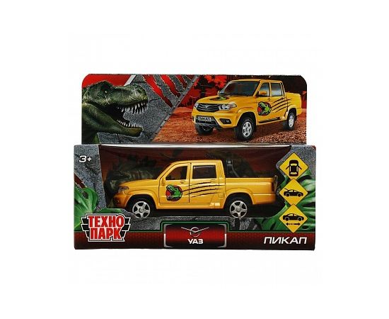 Машина металл УАЗ ПИКАП ДИНОЗАВРЫ 12 см, двери, багаж, инерц, желтый 338536 338536