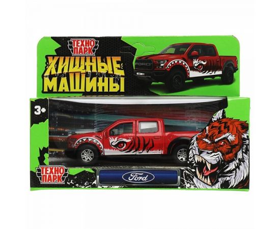 Машина металл FORD F150 RAPTOR ХИЩНИКИ 12 см, двер, баг, инер, красный 340963 340963