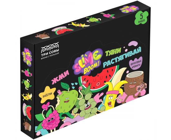 Набор слаймов мини ТРИ СОВЫ Slime boom "Взрывной фрукт", 70мл, 20шт., 5 видов с блестками, картонный шоу-бокс 533/534/535/547/548