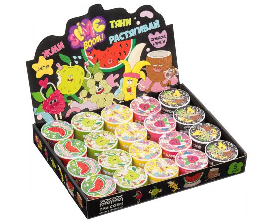 Набор слаймов мини ТРИ СОВЫ Slime boom "Взрывной фрукт", 70мл, 20шт., 5 видов с блестками, картонный шоу-бокс 533/534/535/547/548