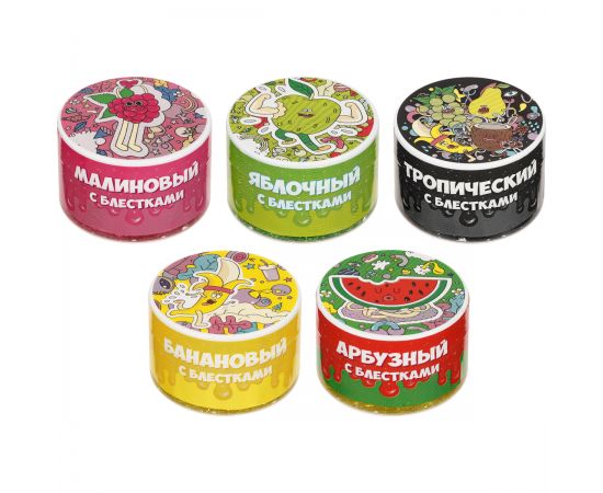 Набор слаймов мини ТРИ СОВЫ Slime boom "Взрывной фрукт", 70мл, 20шт., 5 видов с блестками, картонный шоу-бокс 533/534/535/547/548