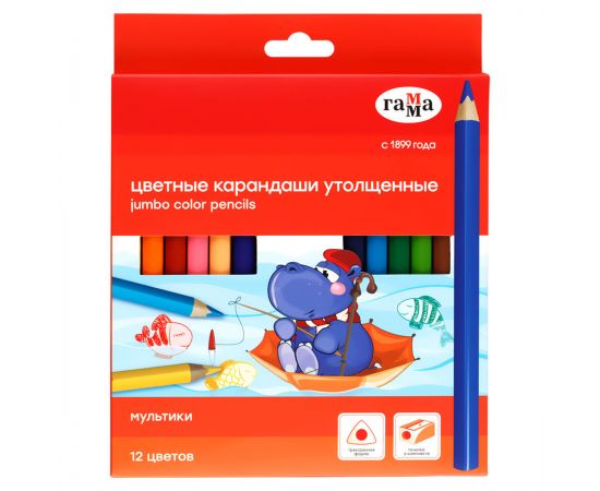 Карандаши цветные Гамма "Мультики", 12цв., с точилкой, утолщенные, заточен., картон, европодвес 80220226