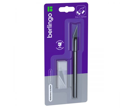 Нож-скальпель канцелярский Berlingo, металлический корпус черного цвета, 5 лезвий в комплекте, европодвес BM4128