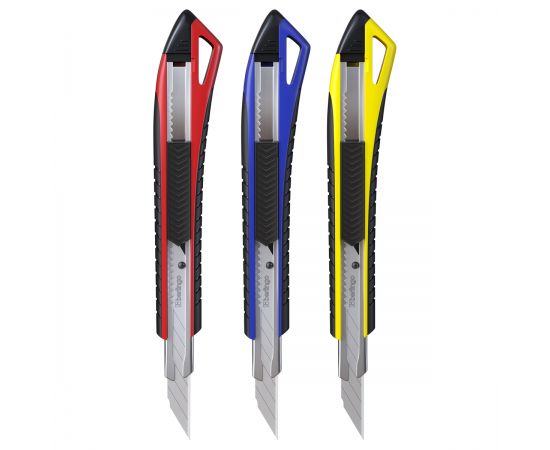 Нож канцелярский 9мм Berlingo "Razzor 300", auto-lock, металл. направл., мягкие вставки, ассорти, европодвес BM4131