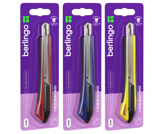 Нож канцелярский 9мм Berlingo "Razzor 300", auto-lock, металл. направл., мягкие вставки, ассорти, европодвес BM4131