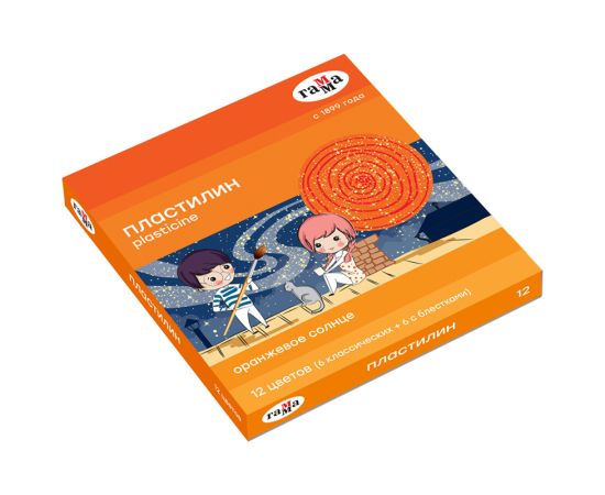 Пластилин Гамма "Оранжевое солнце", 12 цветов (6 классич., 6 с блестками), 168г, со стеком. картон. упаковка 130520205