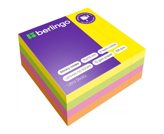 Самоклеящийся блок Berlingo "Ultra Sticky", 75*75мм, 320л., 4 неоновых цвета LSn_40002