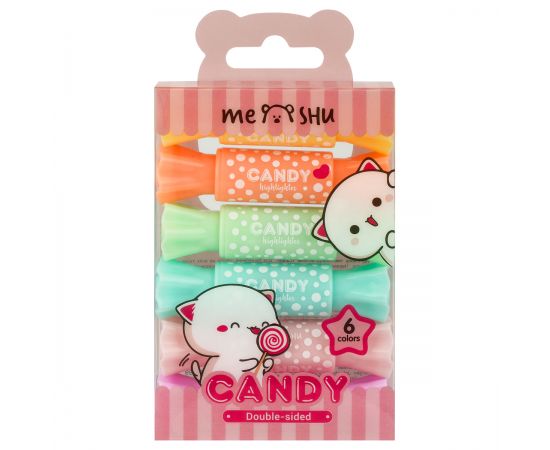 Набор текстовыделителей двусторонних MESHU "Candy", 06цв., пастельные цвета, 2/4мм, ПВХ бокс с европодвесом MS_55399