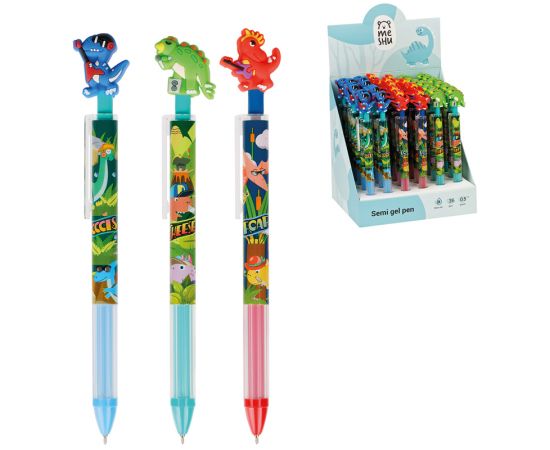 Ручка шариковая автоматическая MESHU "Dinosaurs" синяя, 0,5мм, грип, корпус ассорти, с топпером MS_61055