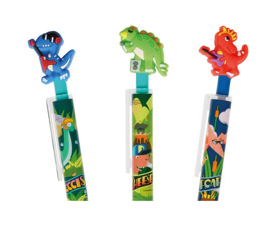 Ручка шариковая автоматическая MESHU "Dinosaurs" синяя, 0,5мм, грип, корпус ассорти, с топпером MS_61055