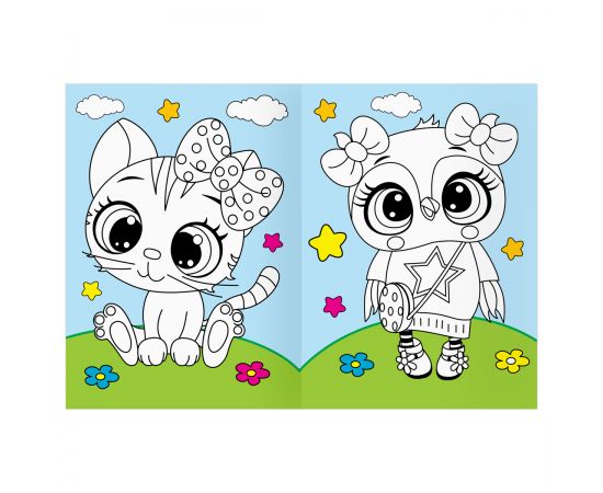 Раскраска с цв. фоном А4, 16 стр., ТРИ СОВЫ "Животные в стиле kawaii" PцА4_57748
