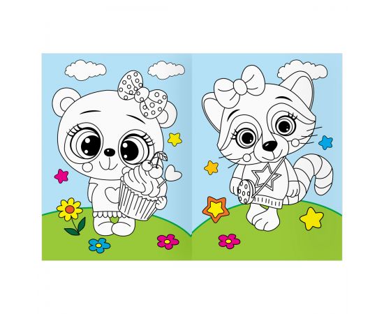 Раскраска с цв. фоном А4, 16 стр., ТРИ СОВЫ "Животные в стиле kawaii" PцА4_57748