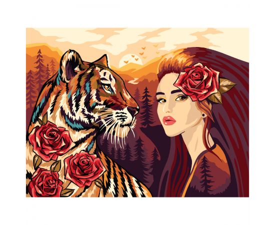 Картина по номерам на картоне ТРИ СОВЫ "Девушка с тигром", 30*40, с акриловыми красками и кистями КК_53807