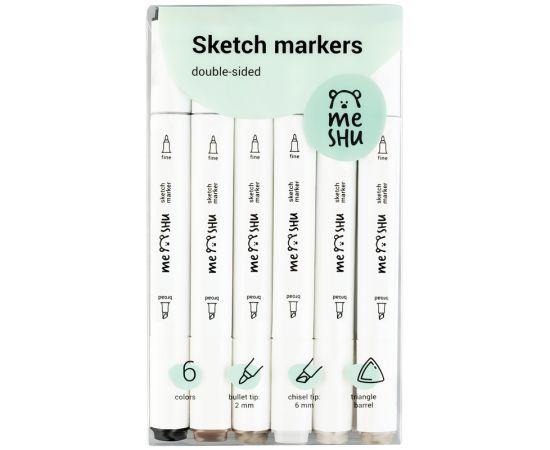Набор двусторонних маркеров для скетчинга MESHU 06цв., теплые серые цвета, корпус трехгранный, пулевид./клиновид.наконечники, ПВХ-бокс MS_38248