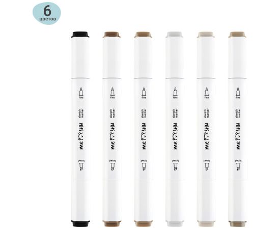 Набор двусторонних маркеров для скетчинга MESHU 06цв., теплые серые цвета, корпус трехгранный, пулевид./клиновид.наконечники, ПВХ-бокс MS_38248