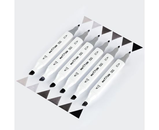 Набор двусторонних маркеров для скетчинга MESHU 06цв., теплые серые цвета, корпус трехгранный, пулевид./клиновид.наконечники, ПВХ-бокс MS_38248