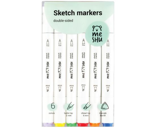 Набор двусторонних маркеров для скетчинга MESHU 06цв., основные цвета, корпус трехгранный, пулевид./клиновид.наконечники, ПВХ-бокс MS_38249
