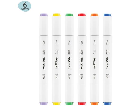 Набор двусторонних маркеров для скетчинга MESHU 06цв., основные цвета, корпус трехгранный, пулевид./клиновид.наконечники, ПВХ-бокс MS_38249