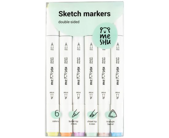 Набор двусторонних маркеров для скетчинга MESHU 06цв., пастельные цвета, корпус трехгранный, пулевид./клиновид.наконечники, ПВХ-бокс MS_38250