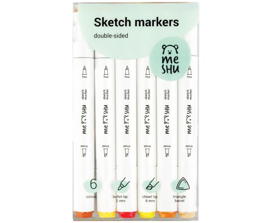 Набор двусторонних маркеров для скетчинга MESHU 06цв., осенние цвета, корпус трехгранный, пулевид./клиновид.наконечники, ПВХ-бокс MS_38251