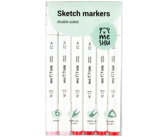 Набор двусторонних маркеров для скетчинга MESHU 06цв., розовые цвета, корпус трехгранный, пулевид./клиновид.наконечники, ПВХ-бокс MS_38252