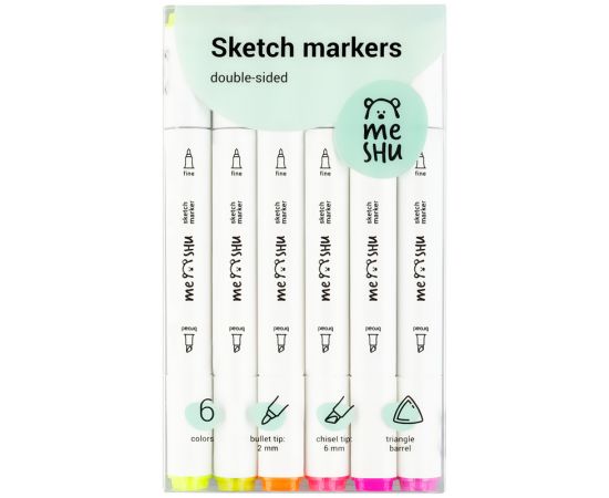Набор двусторонних маркеров для скетчинга MESHU 06цв., флуоресцентные цвета, корпус трехгранный, пулевид./клиновид.наконечники, ПВХ-бокс MS_38253