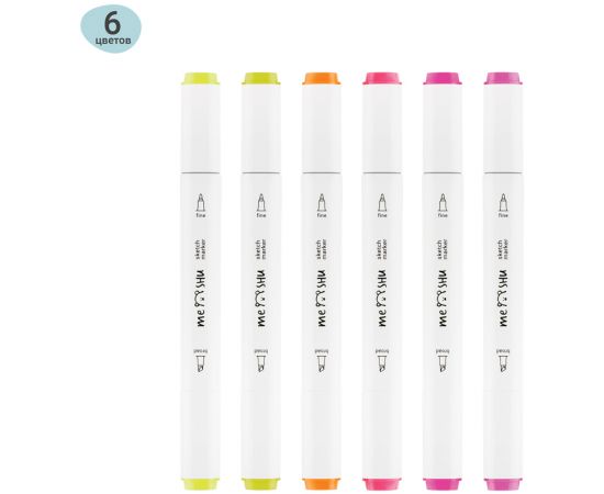 Набор двусторонних маркеров для скетчинга MESHU 06цв., флуоресцентные цвета, корпус трехгранный, пулевид./клиновид.наконечники, ПВХ-бокс MS_38253