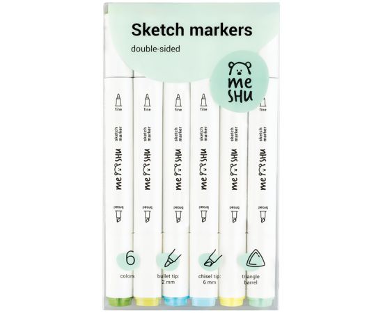 Набор двусторонних маркеров для скетчинга MESHU 06цв., морские цвета, корпус трехгранный, пулевид./клиновид.наконечники, ПВХ-бокс MS_38254
