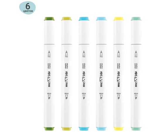Набор двусторонних маркеров для скетчинга MESHU 06цв., морские цвета, корпус трехгранный, пулевид./клиновид.наконечники, ПВХ-бокс MS_38254